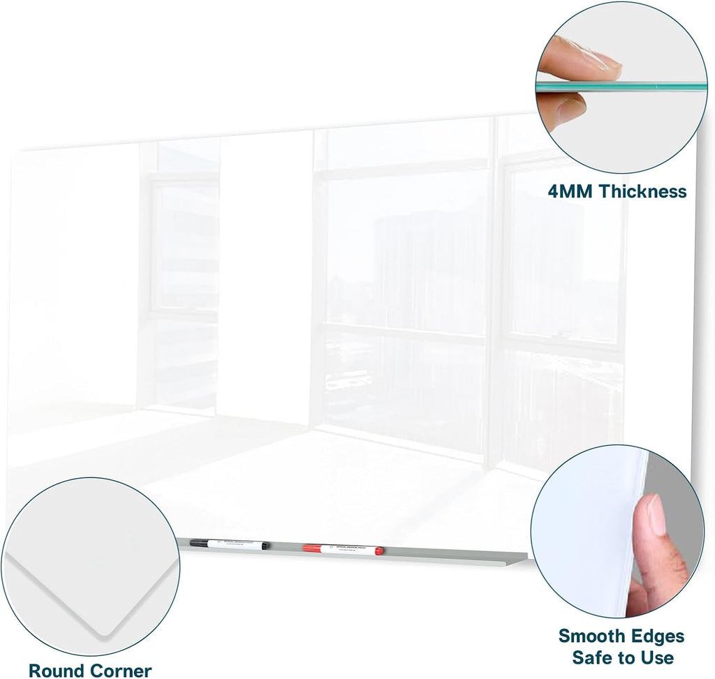 J&J worldwide Glass Whiteboard, Magnetic Brilliance White Dry Erase Board 36" x 60" Invisible Mount, Includes Markers, Marker Tray, Eraser for Wall, Office, Home, School