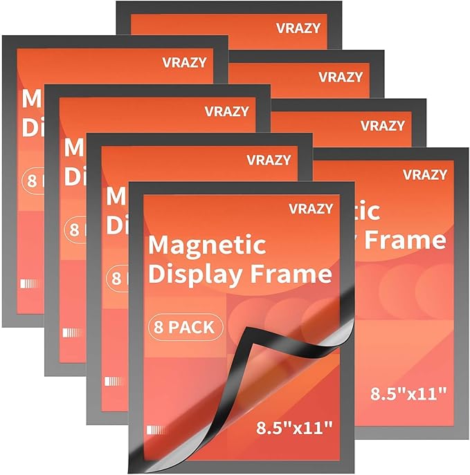 8Pack Magnetic Sign Holder 8.5 x 11 Wall Mount, Self Adhesive Display Magnetic Picture Frames Sheet With Strong Magnet Border for Window/Door/Fridge, Document Poster Paper Holders for Home Office Store, Black
