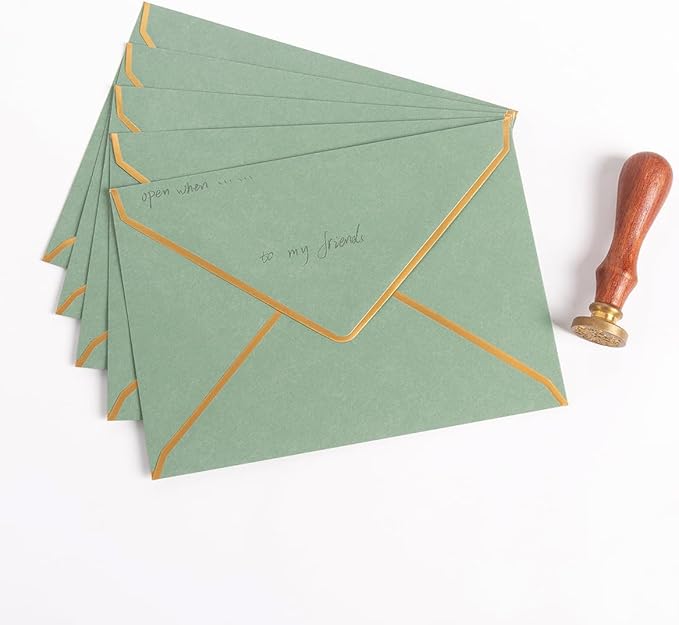 Homtable 50 Pack Sage Green A7 Envelopes 5 x 7 Self-Adhesive V Flap Envelopes with Gold Border for Office, Greeting Card, Wedding, Graduation, Baby Shower, Parties, Invitations (Sage Green, 5x7)