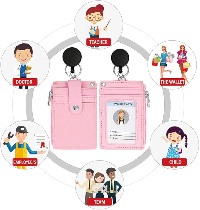 Cute ID Badge Holder Retractable Lanyard Reel Clip with Heavy Duty Carabiner, 5 Card Slots in 2 Sided with Key Ring and Zipper for Students Teens Boys Girls Office Staff Women (Pink)