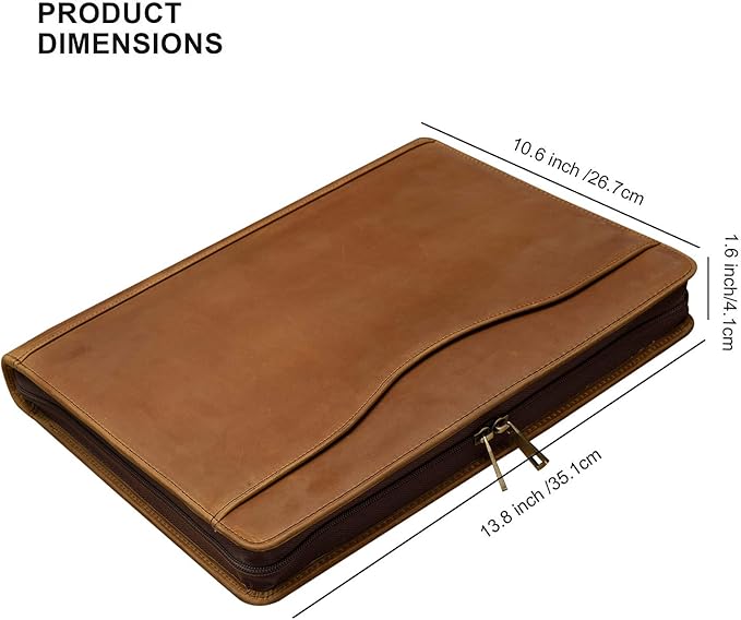 YIWEN Handmade Crazy-Horse Leather 3 Ring Binder Portfolio Padfolio Folder with Zipper for Men and Women, Business Organizer for Letter A4 Size for Meeting and Travel (Custom Engraved, Brown)