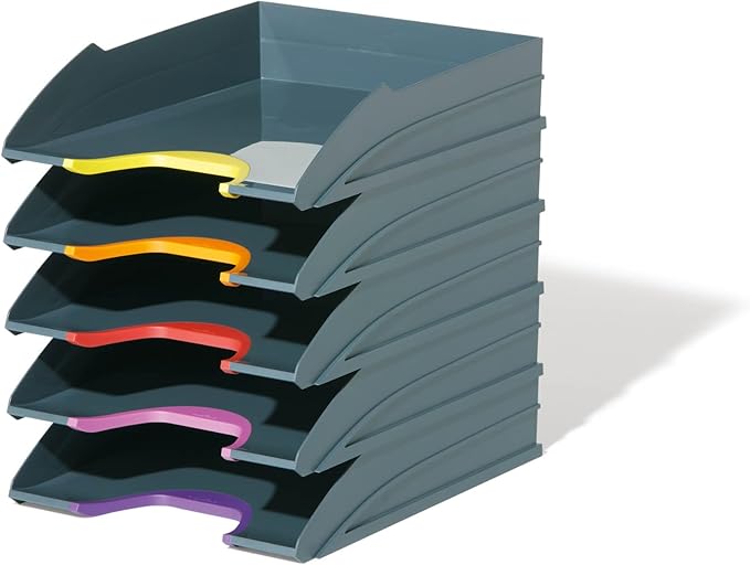 DURABLE Stackable Letter Tray, Gray & Multicolor, VARICOLOR, Set of 5 (770557)