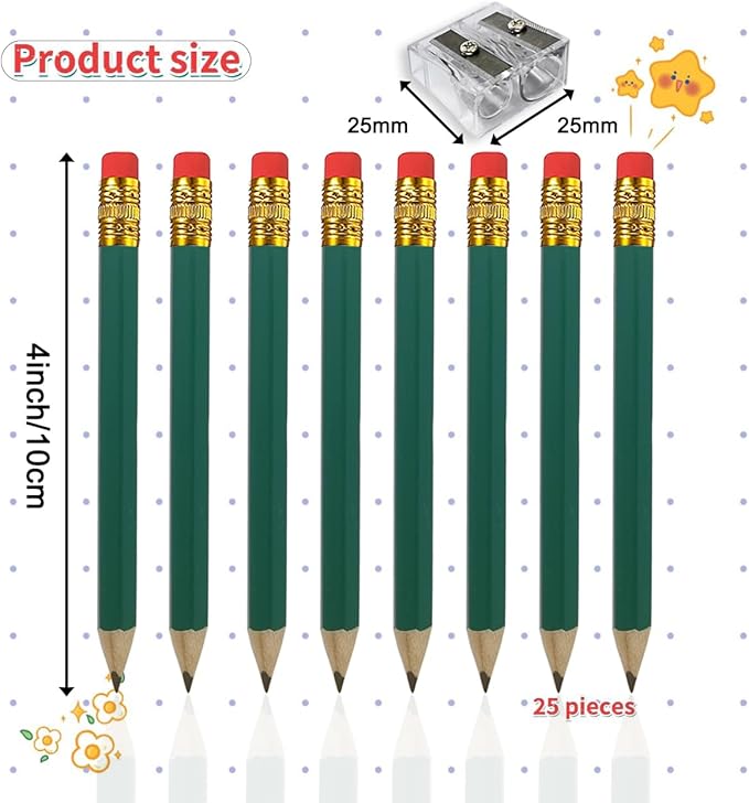 Adhere 25pcs Golf Pencils with eraser Hexagon Wooden Pencils Graphite 2B for Golf Event Scoring,Classroom,Wedding,Company Meetings,Pew, Pocket (Green)