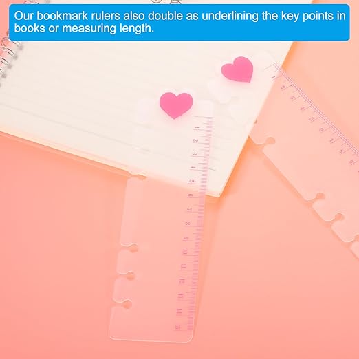 PATIKIL 8.7"x2.2" Bookmark Ruler, 10 Pack Snap-in Ruler Page Marker Book Mark Measuring Tools for 6-Hole Binder Notebook, Pink Heart Shape