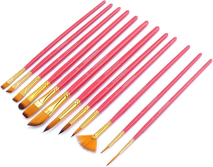 Transon Artist Paint Brush Set of 12 for Acrylic Watercolor Gouache Oil Craft Painting Pink