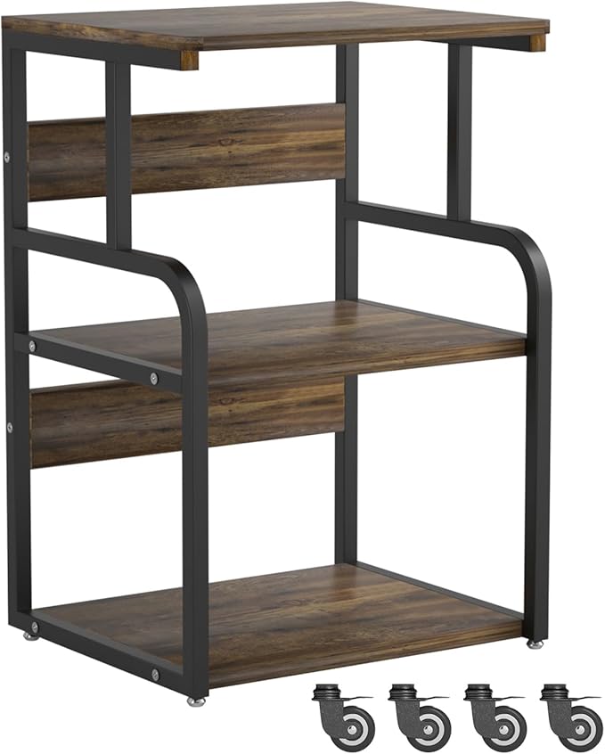 Large Printer Stand with 3-Tier Wood Storage Shelves -Multi-Purpose Desk Organizer- for Printer Scanner Fax Home Office Use with Wheels (Rustic Brown)