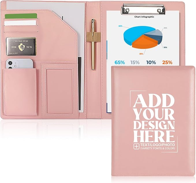 Personalized Padfolio - Customized Leather Portfolio with Logo or Text - Professional Business Portfolio with A4/US Letter Writing Pad Holder for Resumes and Interviews, Pink