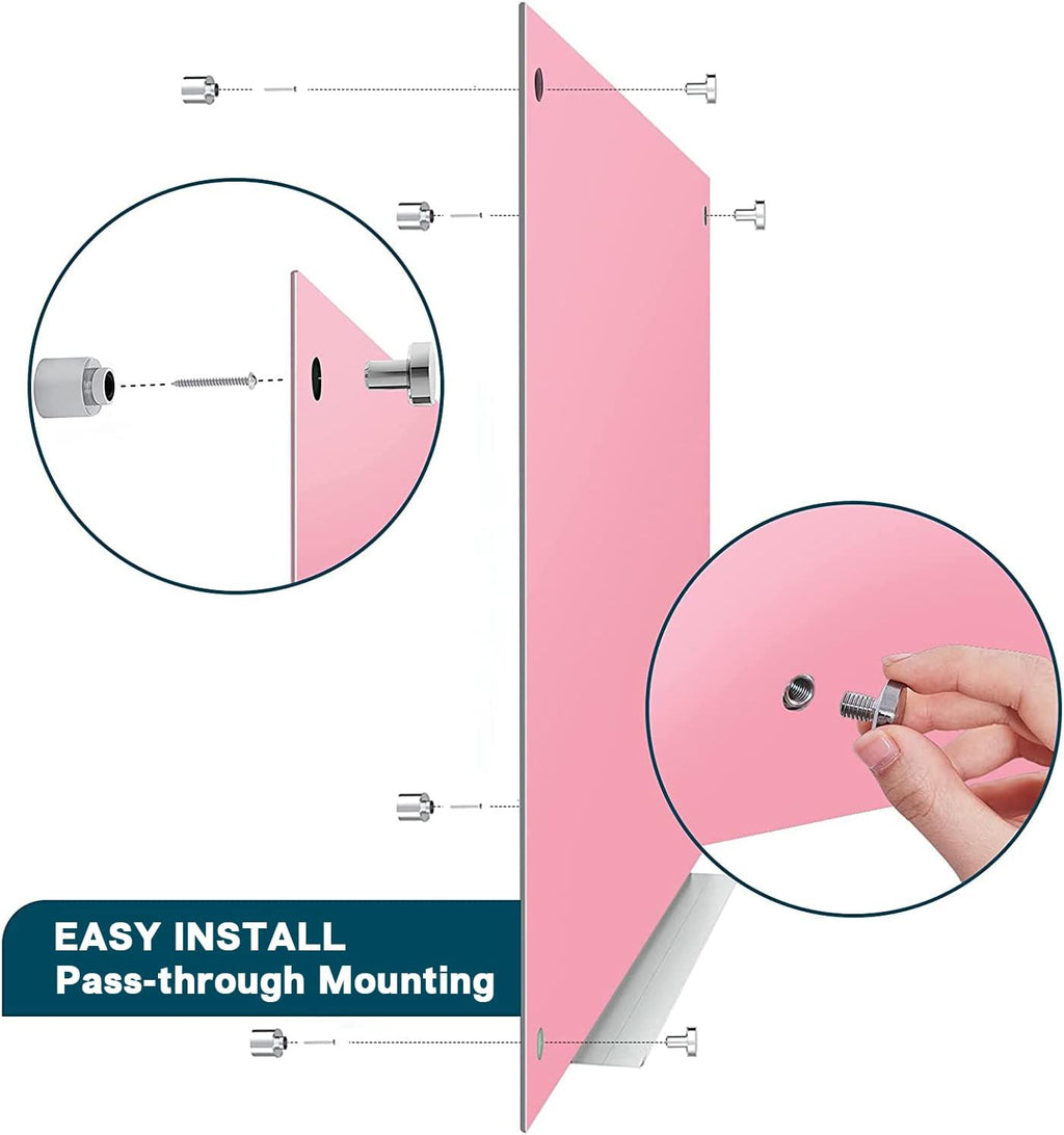 J&J worldwide Magnetic Glass Whiteboard, Wall Mounted Glass Dry Erase Board 47 x 35 Inch, Pink Surface, Frameless with Markers, Magnets, Marker Tray, Eraser for Office, Home, School