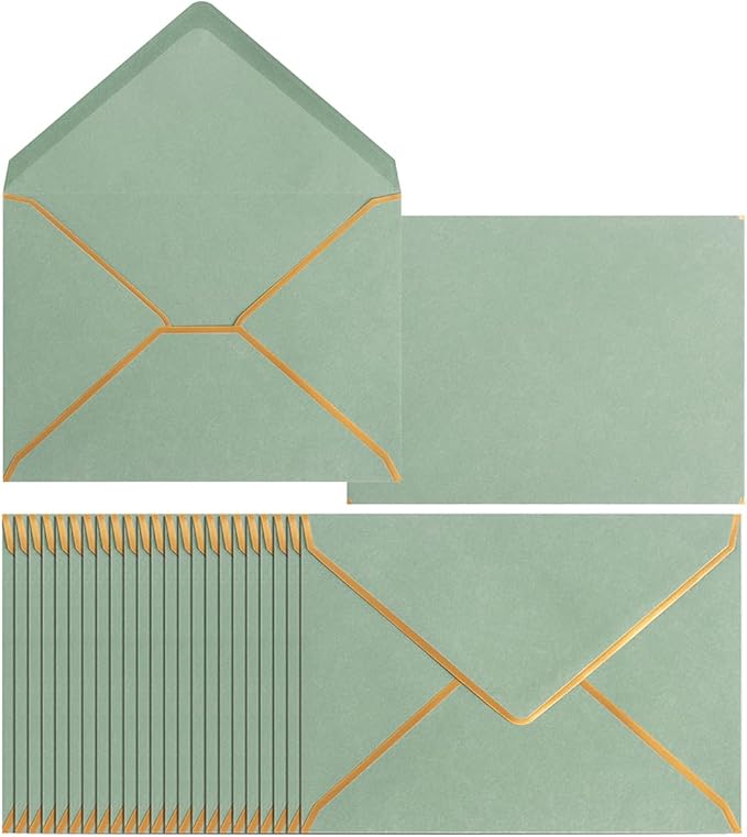 50 Pack A6 Envelopes Sage Green 4x6 Self-Adhesive V Flap Envelopes with Gold Border for Office, Greeting Card, Wedding, Graduation, Baby Shower, Parties, Invitations (Sage Green, 4x6)