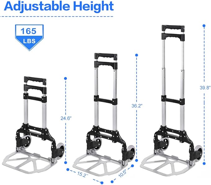 Folding Hand Truck, 165lbs Capacity Lightweight Portable Folding Dolly Multi-fuctional Foldable Hand Cart Heavy Duty Utility Cart for Home Shopping Office and Travel Use (Black 2 TPR Wheels)