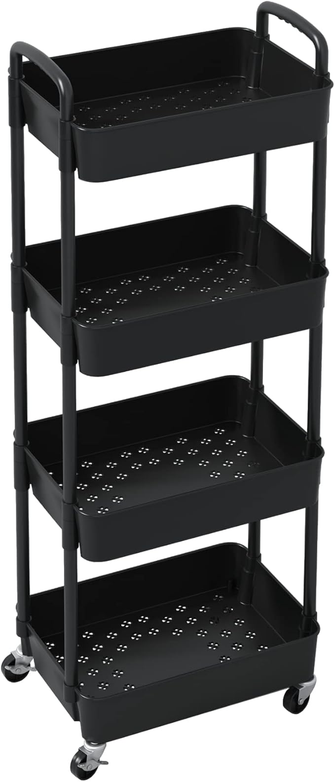 Sywhitta 4-Tier Plastic Rolling Utility Cart with Handle, Multi-Functional Storage Trolley for Office, Living Room, Kitchen, Movable Storage Organizer with Wheels, Black