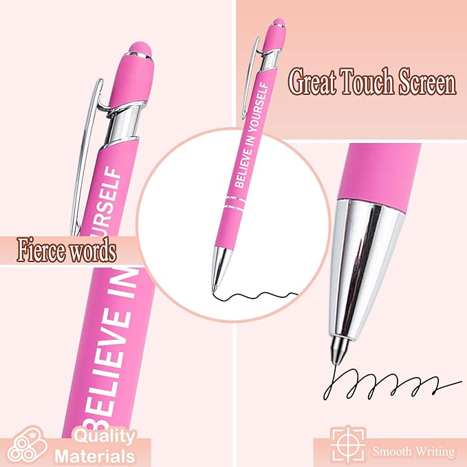 PASISIBICK 12 Pieces Pink Inspirational Motivational Quotes Snarky Screen Touch Stylus Ballpoint Pens, Office Encouraging Scriptures, Black Ink (Pink,Motivational)