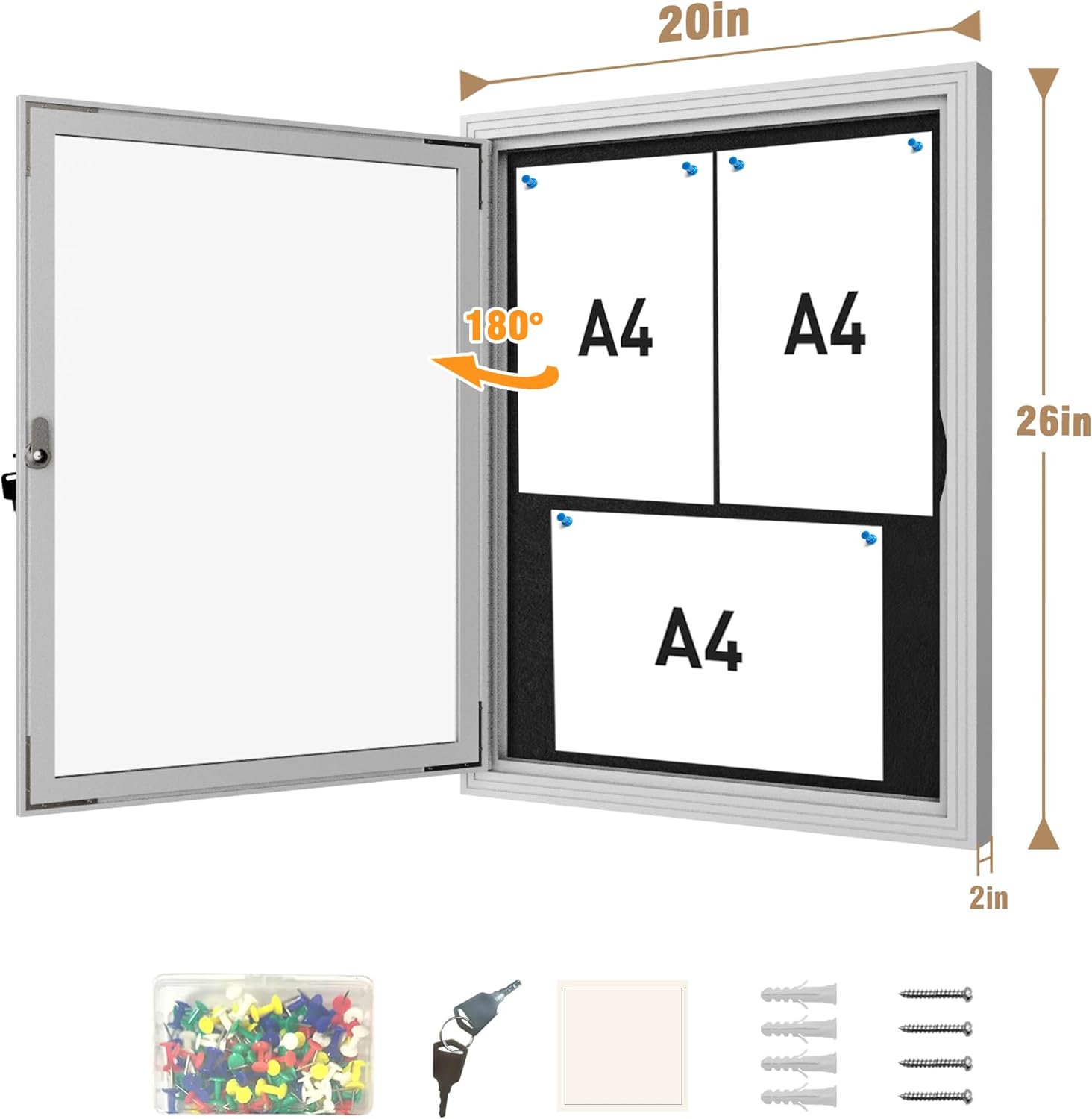 26"x20" Enclosed Bulletin Board, Outdoor Lockable Weather-Resistant Aluminum Cork Noticeboard for School & Office, Silver Frame w/Black Flet