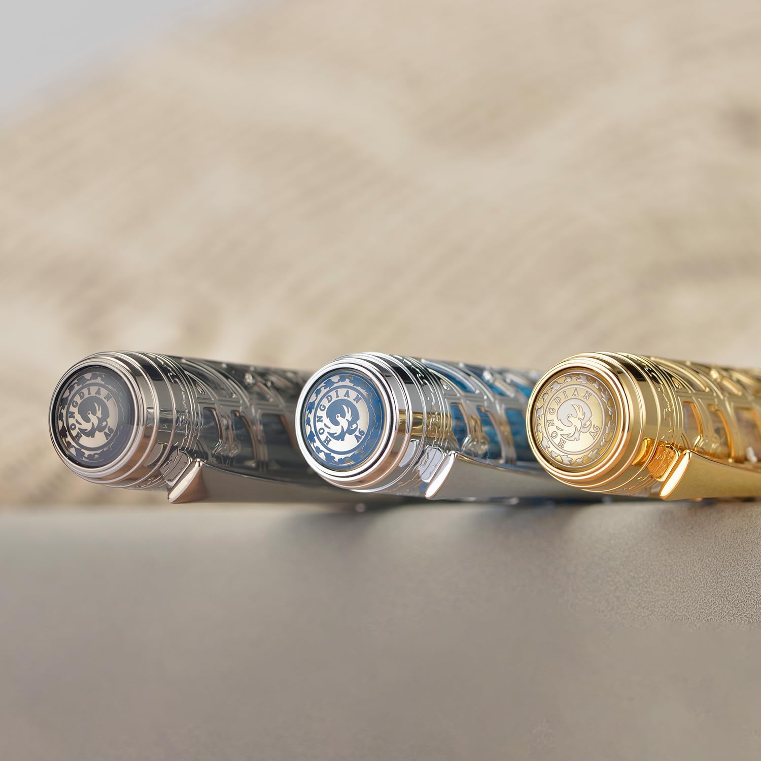 Hongdian A6 Piston Fountain Pen Fine Soft Nib, Silver Blue Hollow Skeleton & Resin Pen with Metal Case Set