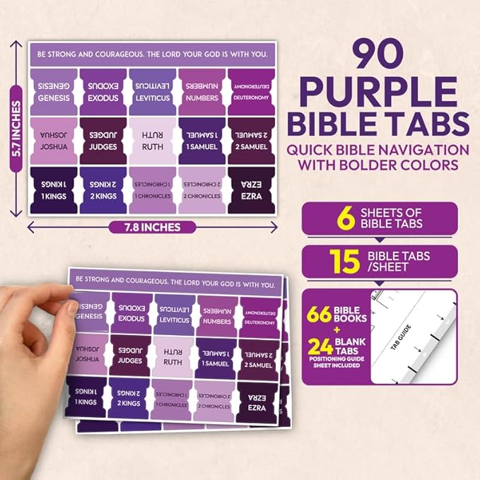 Purple Bible Tabs, 90 Large Print Bible Index Tabs for Study Bible, Laminated Easy-to-Read Label, Christian Gift for Women, Men, Kids