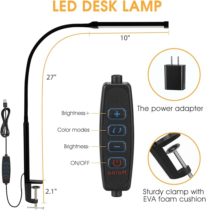 LED Desk lamp with Clamp, Eye-Caring Clip on Lights for Home Office, 3 Modes 10 Brightness, Long Flexible Gooseneck,Metal, Swing Arm Architect Task Table Lamps with USB Adapter, Black