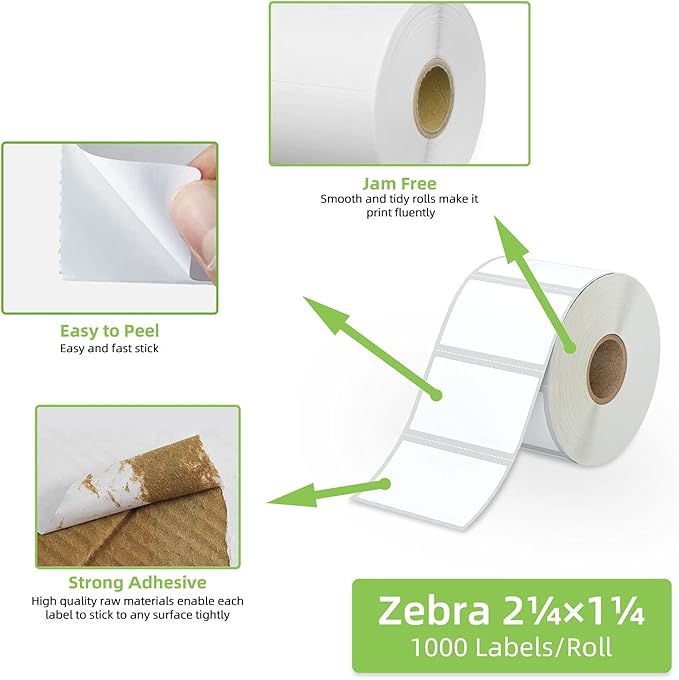 2.25" x 1.25" Direct Thermal Labels, White Thermal Printer Labels for Barcode, Thermal Stickers Compatible with Zebra, Rollo, Munbyn Thermal Labels Printers (12 Rolls, 1000 Labels/Roll)