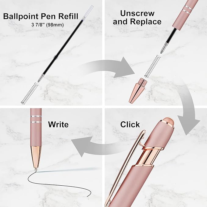 LINFANC 12 Pack Rose Gold Ballpoint Pen with Stylus Tip, 1.0 mm Black Ink Smooth Writing Pens, Metal Stylus Pens for Touch Screens