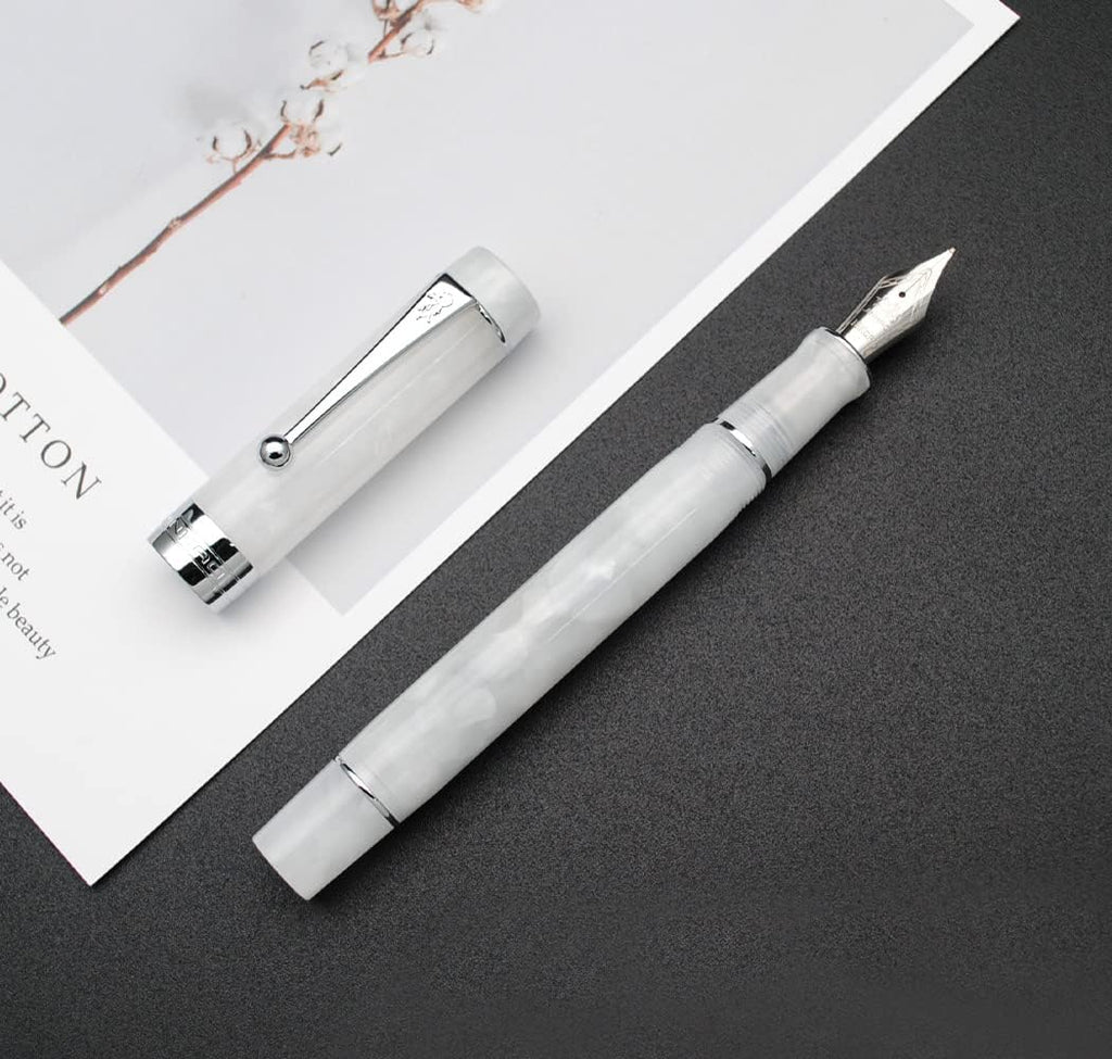 JINHAO 100 Fountain Pen with Ink Converter (Medium Nib 0.7mm, Snow White with Silver Clip)