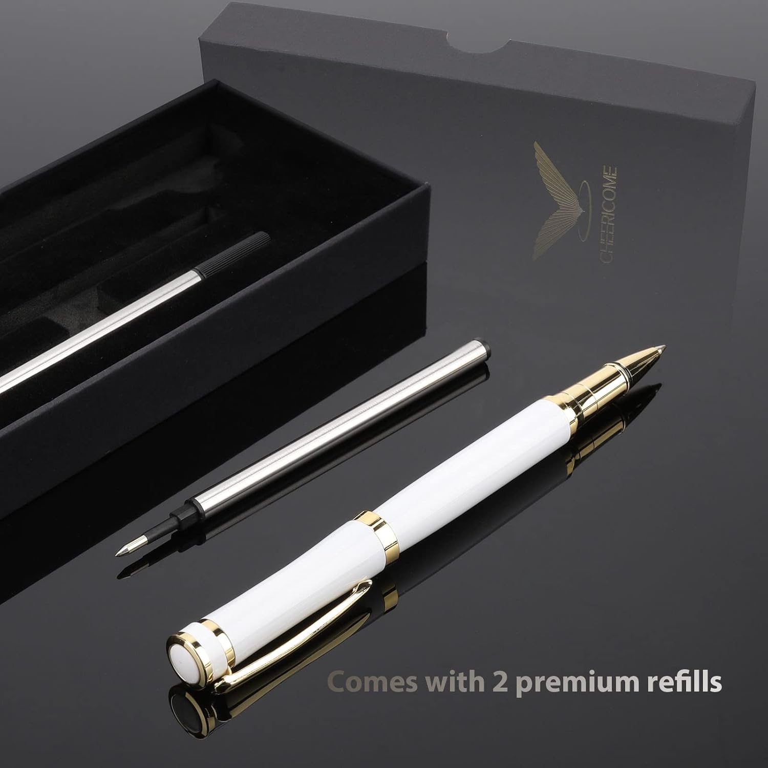 Cheericome Luxury Ballpoint Pen - Professional & Executive, Perfect for Silky Smooth Writing, with Gift Box, Nice for Men & Women, 2 Extra 0.5mm Black Refills - White