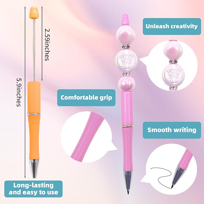 30 Pieces Beadable Pens - Beaded Pens Sweet Plastic Diy Black Ink Ballpoint Pens Bulk - Bead Pens Suitable For Teacher, Students, Office, School, Graduation Gift Supplies