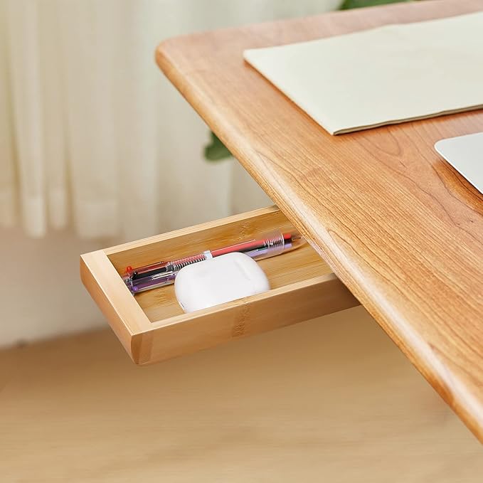 Under Desk Drawer Wood, Self-Adhesive Hidden Drawer Organizer Slide Out, Easy Installation Handmade Under Table Storage, Attachable Pencil Phone Holder For Office Home (Bamboo Small)