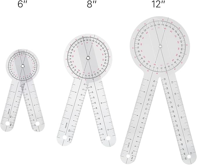 Goniometer Set 3 Pieces of 6/8/12 Inch Occupational Physical Therapy Protractor Tool Measurement Angle Ruler Kit Plastic 360 Degree Universal (3pc)