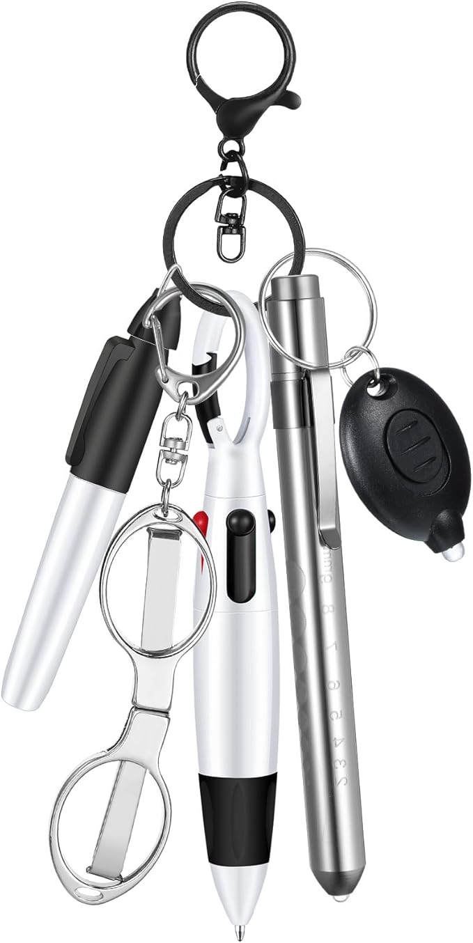 6 Pcs Nurse Pen Set Include Permanent Marker Pen Retractable Ballpoint Pen Keychain Clip Foldable Scissors Lights LED Flashlight Keychain for Nurse Accessories(Silver)