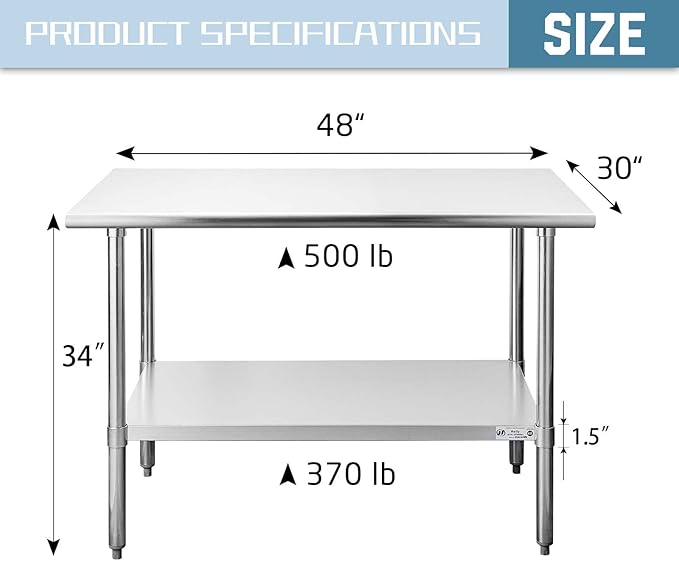 HALLY Stainless Steel Table for Prep & Work 30 x 48 Inches, NSF Commercial Heavy Duty Table with Undershelf and Galvanized Legs for Restaurant, Home and Hotel