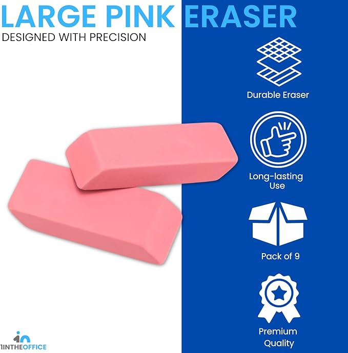 1InTheOffice Pink Erasers, Bevel Erasers, Erasers for Pencils, Large Size, Latex Free, 9 Pack