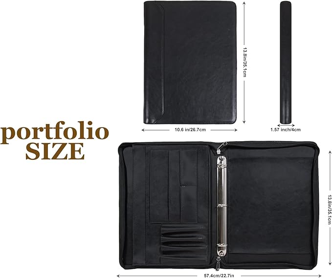 Free Engraved Name, Custom Ring Binder Portfolio, Professional Padfolio Vegans Leather, Document Organizer Folder, Zippered Organizer for 8.5 * 11 inch A4 Letter Legal Pad, Gift for Women/Men, Black
