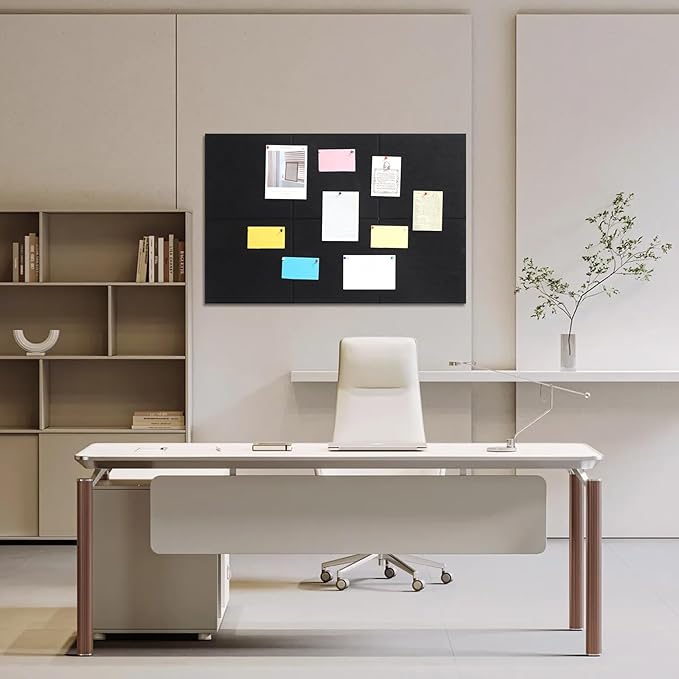 Large Cork Board 36" x 24", 6 Pack Felt Wall Tiles with Colored 30 Pcs Pushpins, Black Bulletin Board with Removable Self-Adhesive Strips, Pin Board Cork Boards for Walls Office Home- Black
