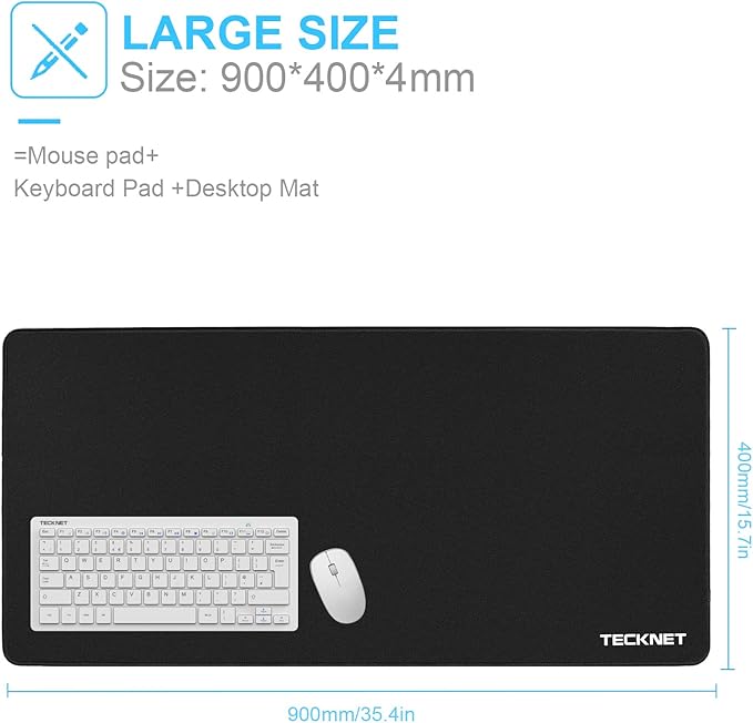 TECKNET Large Mouse Pad, Extended Waterproof Mousepad, Non-Slip Rubber Base-Smooth Cloth Surface-Compatible with Laser and Optical Mouse-Black