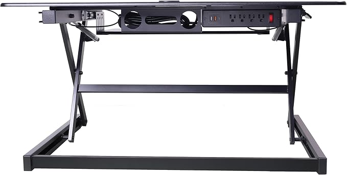 Rocelco 40" Large Height Adjustable Standing Desk with AC Outlet USB Charger and Floor Stand BUNDLE - Tall Dual Monitor Riser Computer Workstation - Keyboard Tray - Black (R DADRB-40-ACUSB-FS2)