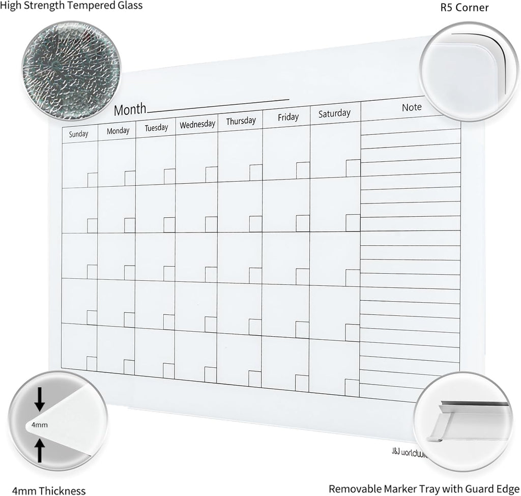Magnetic Whiteboard Calendar, 4' x 3' Glass Wall Calendar Dry Erase Board Monthly Planner for Home, School, Office, Frameless, with Markers, Marker Tray, Eraser, Magnets