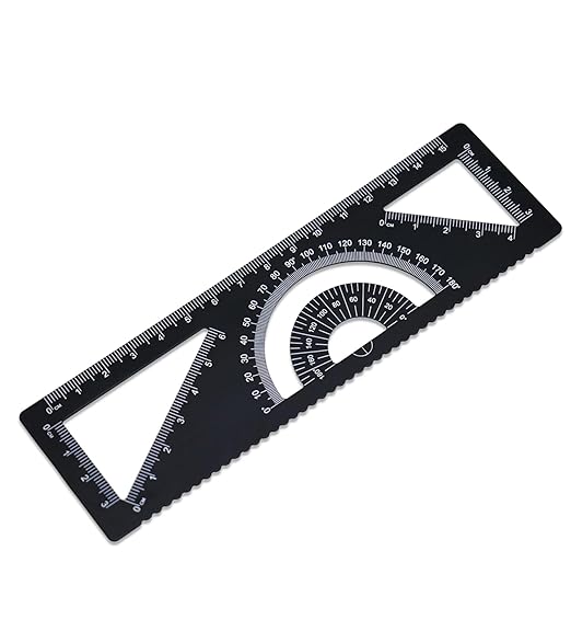 4-in-1 Geometry Set, Metal Math Ruler Kit- Aluminium Protractor, 2 Precision Triangles, Straight Edge Rule - Multifunctional Drafting& Measuring Small Ruler for Kids School - 6 inch, Black