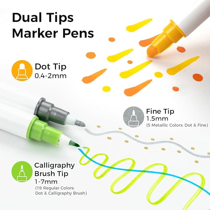 Ohuhu Journal Pens 24 Colors Dot Markers Pens Dual Tips (Calligraphy Brush & Dot) for Adults Water-based Metallic & Regular Colors Dot Pens for Lettering Journal Scrapbooking Coloring Markers - Kumimi