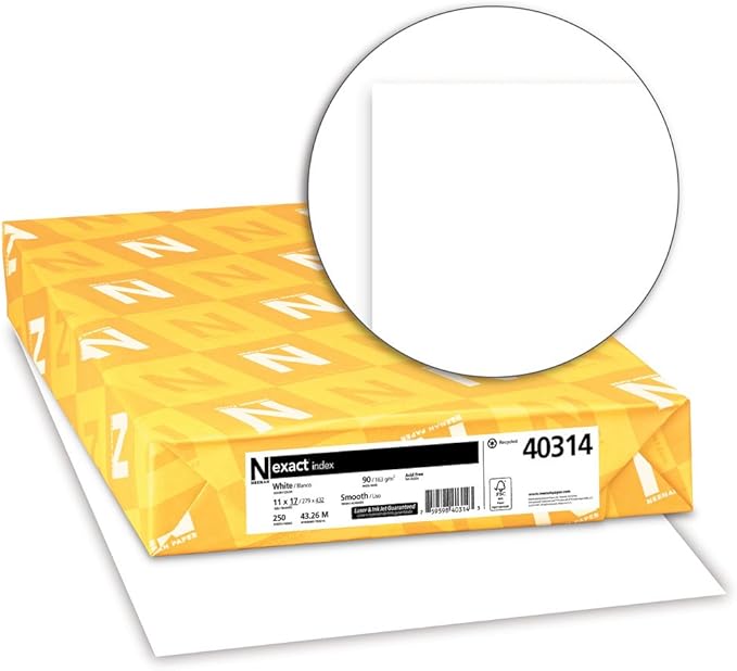 Wausau Exact Index Cardstock, 250 Sheets, White, 94 Brightness, 90 lb, 11 x 17 Inches