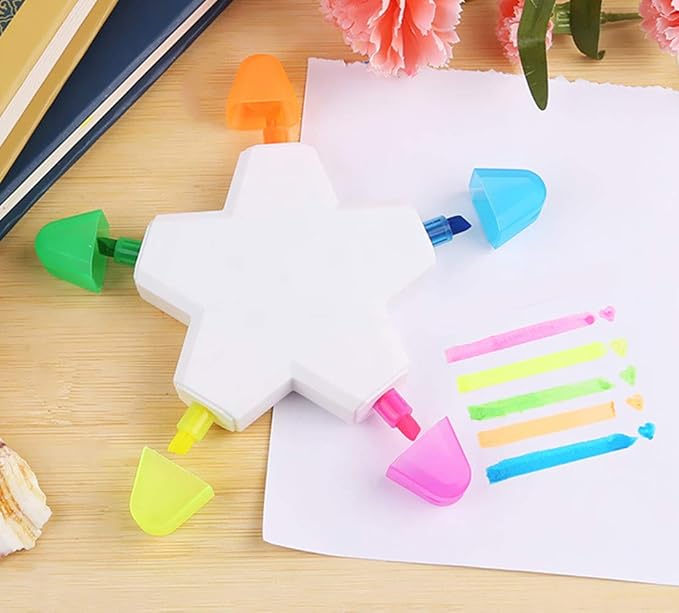 Brush Tip Highlighters, Creative Star Shape Light Color Fluorescent Pens Markers with 5 Colors, Great for Journal Planner Note Taking and Coloring Book, Non-Toxic & Odorless Watercolor.