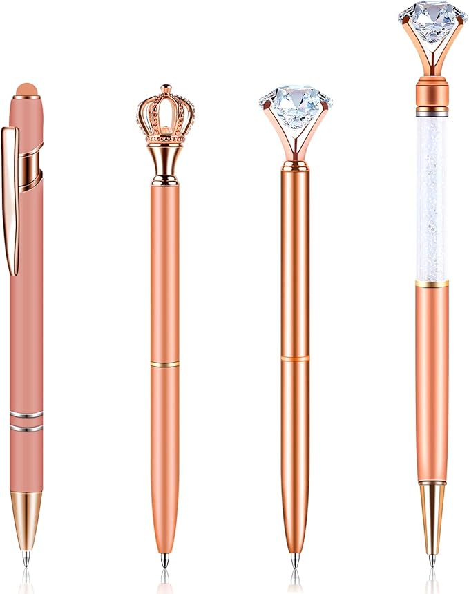 amassan 4Pcs Ballpoint Pens Set, Cute Pens with Crystal Diamond for Journaling, Black Ink Pen Gifts for Wedding Office Desk Supplies, Sand Glitter Pen for Women Office Decor