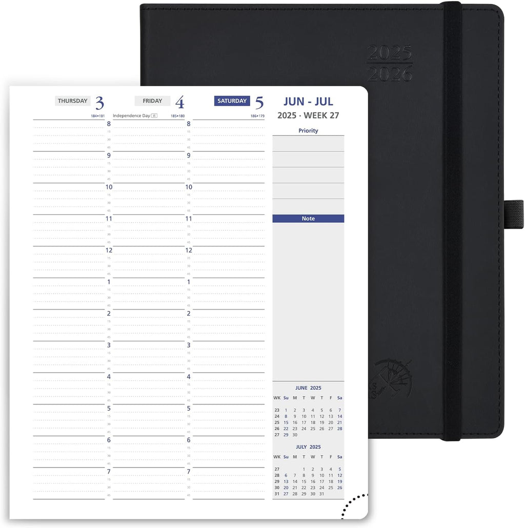 POPRUN Weekly Planner 2025-2026, 7.25'' x 8.5'', 15-Minute Hourly Appointment Book (July 2025-June 2026) with PU Leather Softcover, Monthly Tabs, Inner Pocket - Black