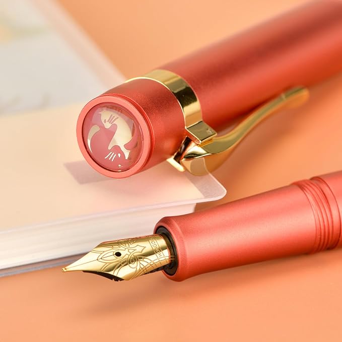 Hongdian M2 Black Forest Mini Fountain Pen, Fine Soft Golden Nib & Sleek Shape Aluminium Short Pocket Travel Pen (Orange Red)