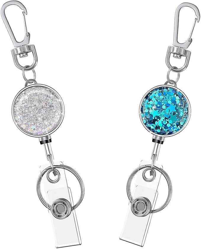 Cute Retractable Badge Reels with Key Ring & Carabiner Belt Clip,2 Pack Glittery Metal Retractable Keychain for ID Cards Name Holder Nurse, Teacher, Students (Silver, Bling Blue)