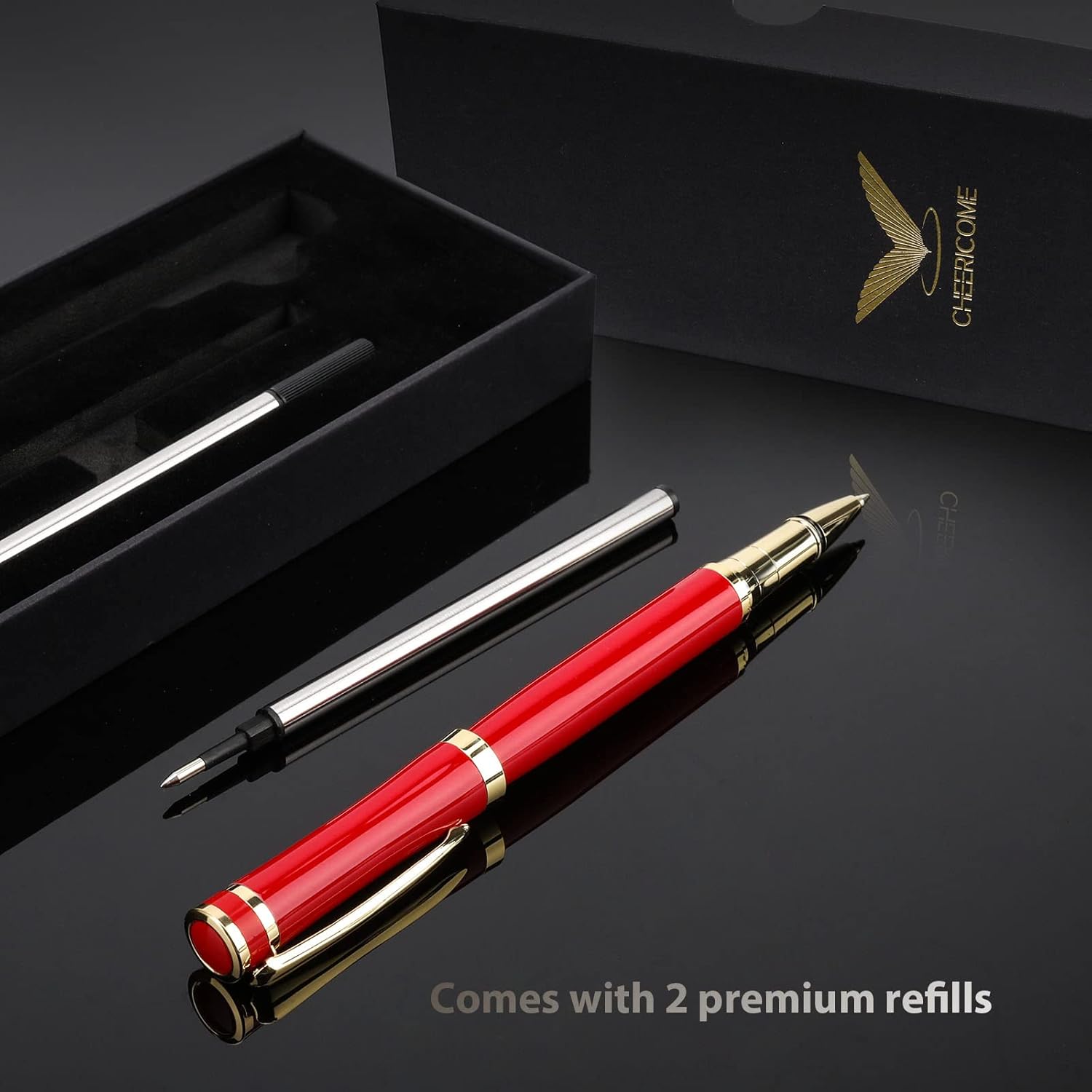 cheericome Luxury Rollerball Pen - Professional Pen, Executive Pen, Journal Pen, Perfect for Silky Smooth Writing, with Gift Box, Nice Pen for Men and Women, 2 Extra Premium Black Refills - Red