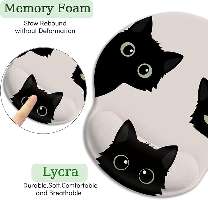 Cat Mouse Pad, Funny Ergonomic Mousepad with Wrist Rest, Gaming Mouse Pad Wrist Support with Non-Slip Pain Relief PU Base, Black Cat Mouse Pads for Desk, Cute Office Desk Accessories Decor