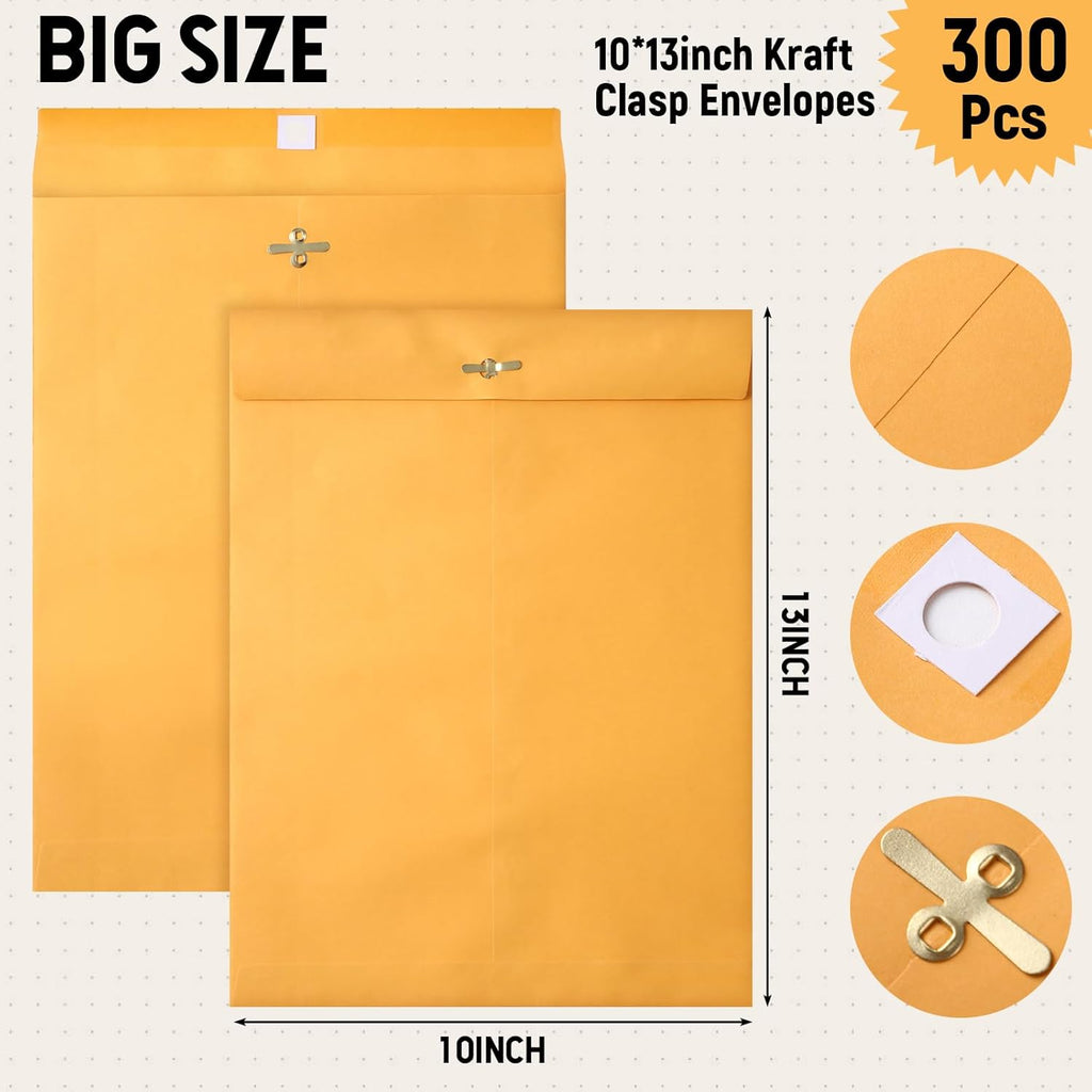 Ctosree 300 Pcs Manilla Envelopes Clasp Envelopes Bulk Brown Kraft Catalog Letter with Clasp Closure and Gummed Seal 28lb Heavyweight Paper (10 x 13 Inch)