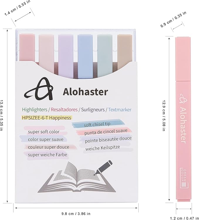 HPSIZEE Aesthetic Cute Highlighters Mild Assorted Colors With Soft Chisel Tip, No Bleed Dry Fast Easy to Hold, for Journal Bible Planner Notes School Office Supplies, 6 Pack - Happiness