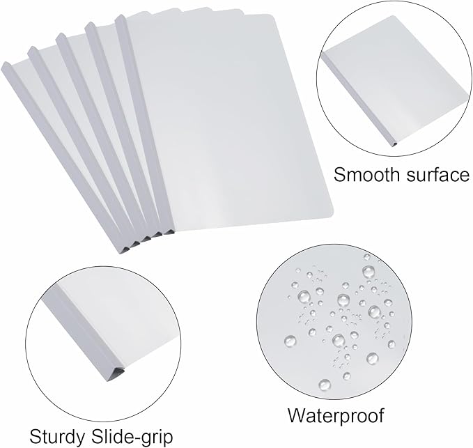 PATIKIL Clear Report Covers with Sliding Bar, 10 Pcs 15mm Slide-Grip Resume Covers 135 Sheets Capacity, A4 Presentation Folders for File Resume White