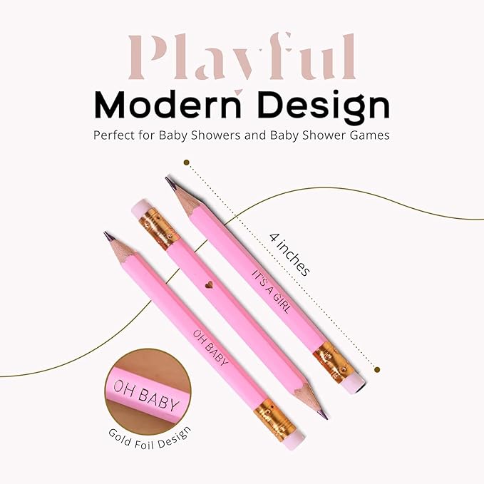 Markt Mini Pencils For Baby Shower Games For Girl, Heart Pencils, Small Pink Pencil Set