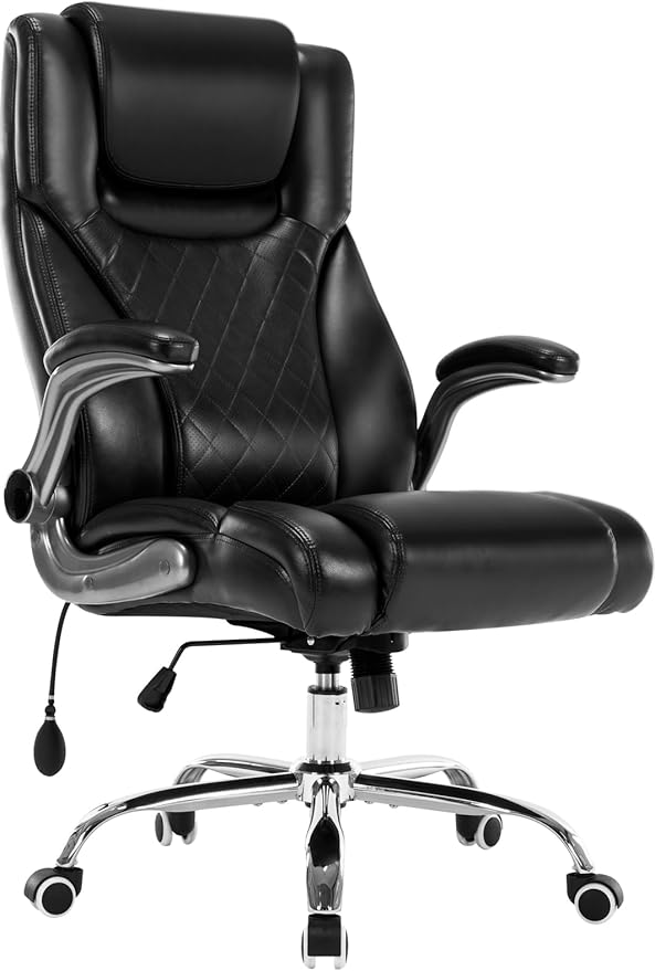 Executive Office Chair Desk Swivel Chair High Back Computer Chair - Adjustable Lumbar Support with Flip-Up Arms PU Leather Chair with Spring Cushion (Black)